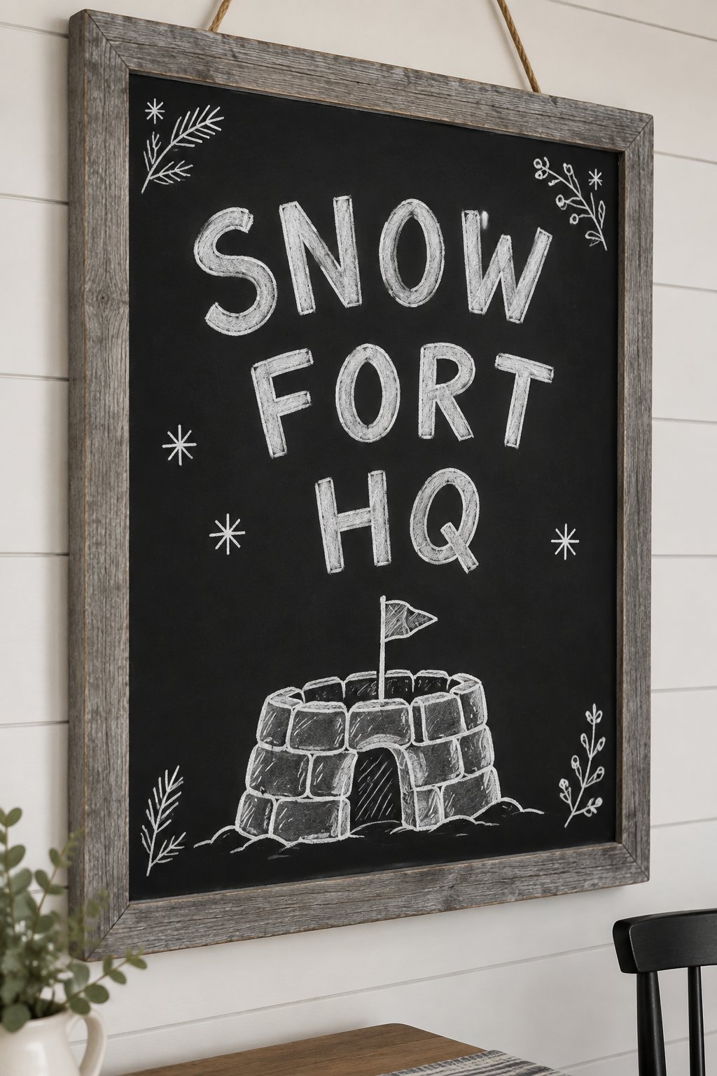 Snow Fort HQ: a hand-drawn winter chalkboard sign reading "SNOW FORT HQ".