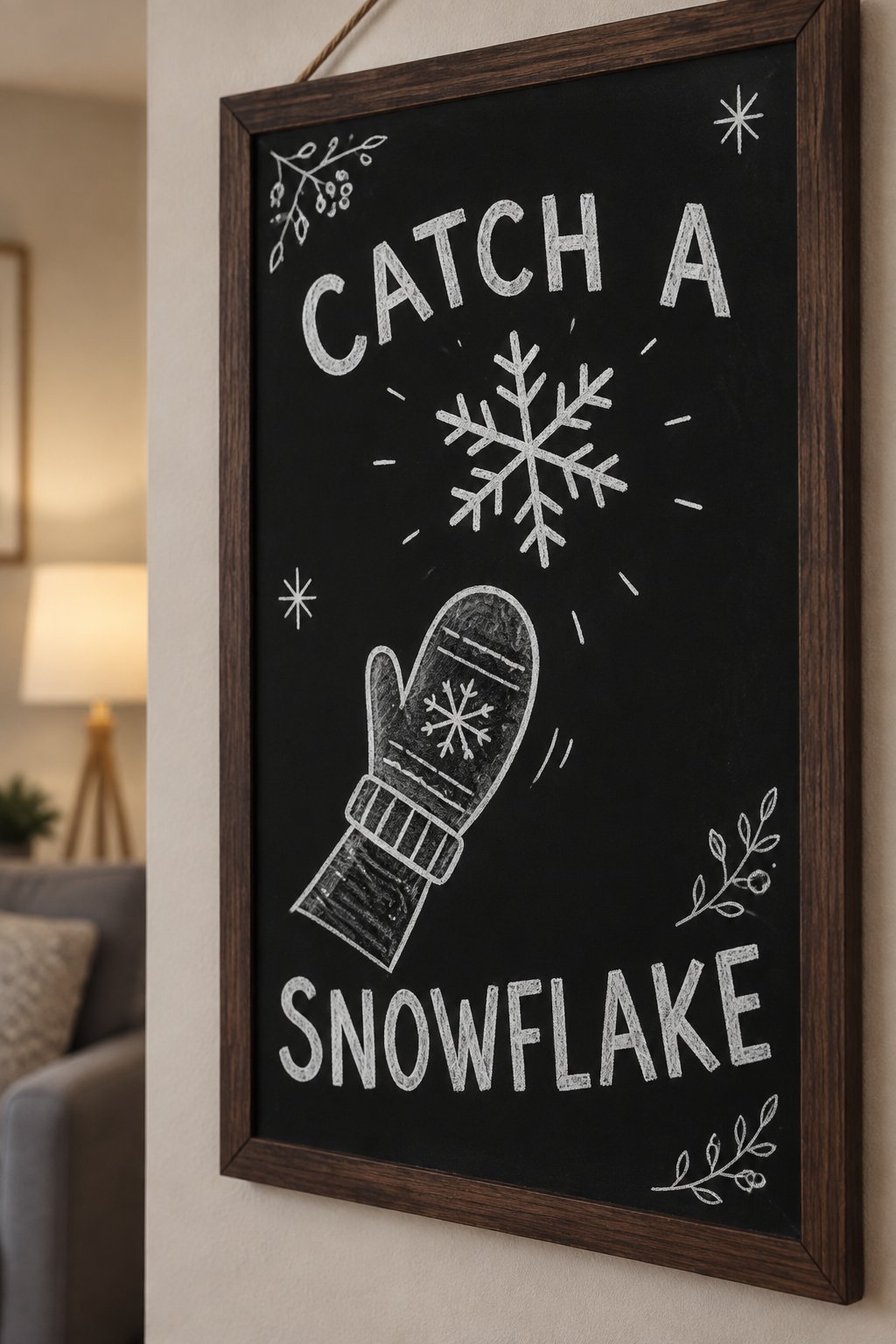 Catch a Snowflake: a hand-drawn winter chalkboard sign reading "CATCH A SNOWFLAKE".