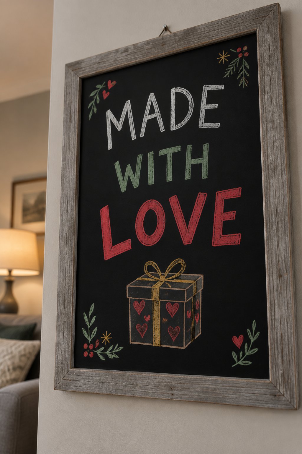 Made With Love: a hand-drawn christmas chalkboard sign reading "MADE WITH LOVE".