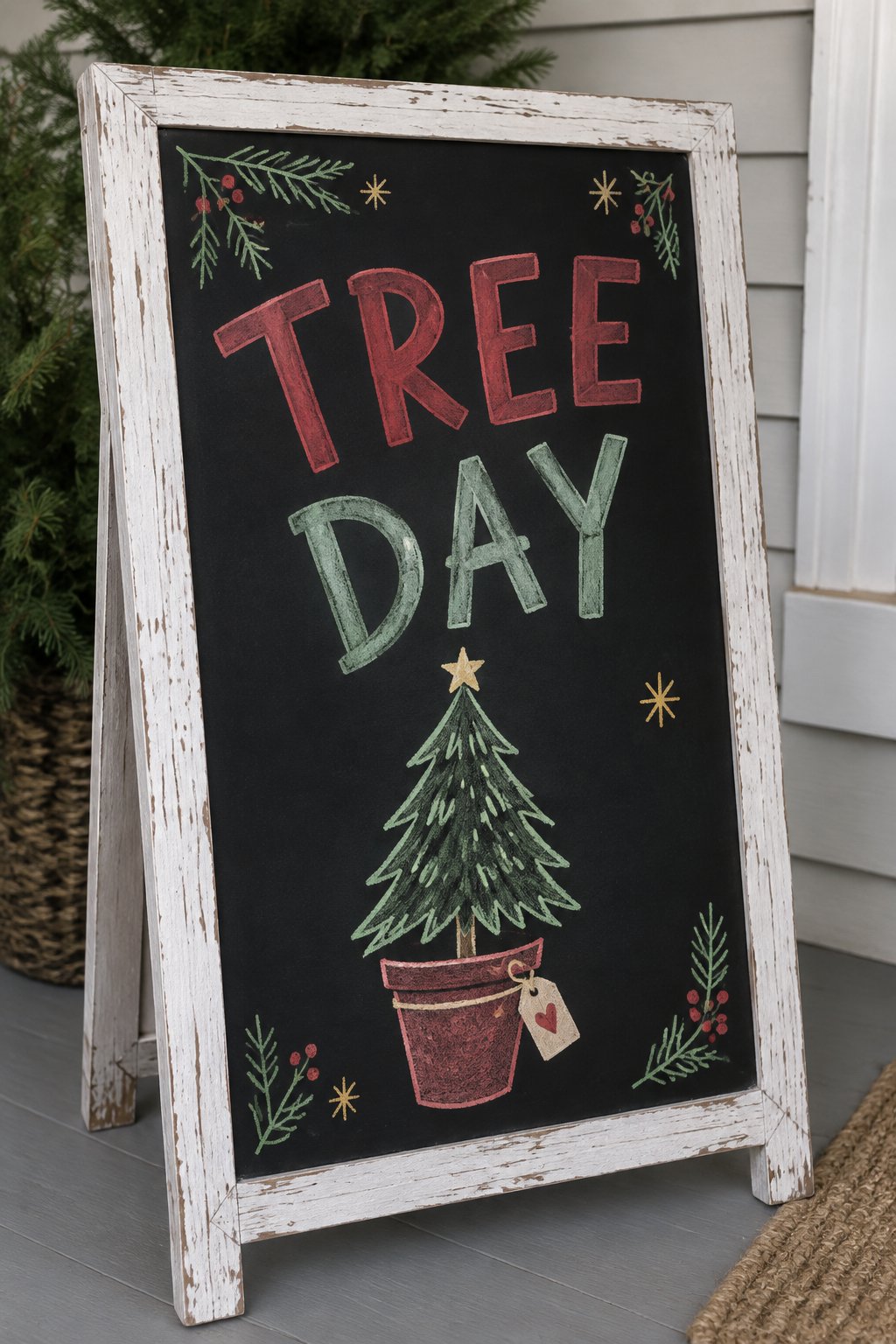 Tree Day: a hand-drawn christmas chalkboard sign reading "TREE DAY".