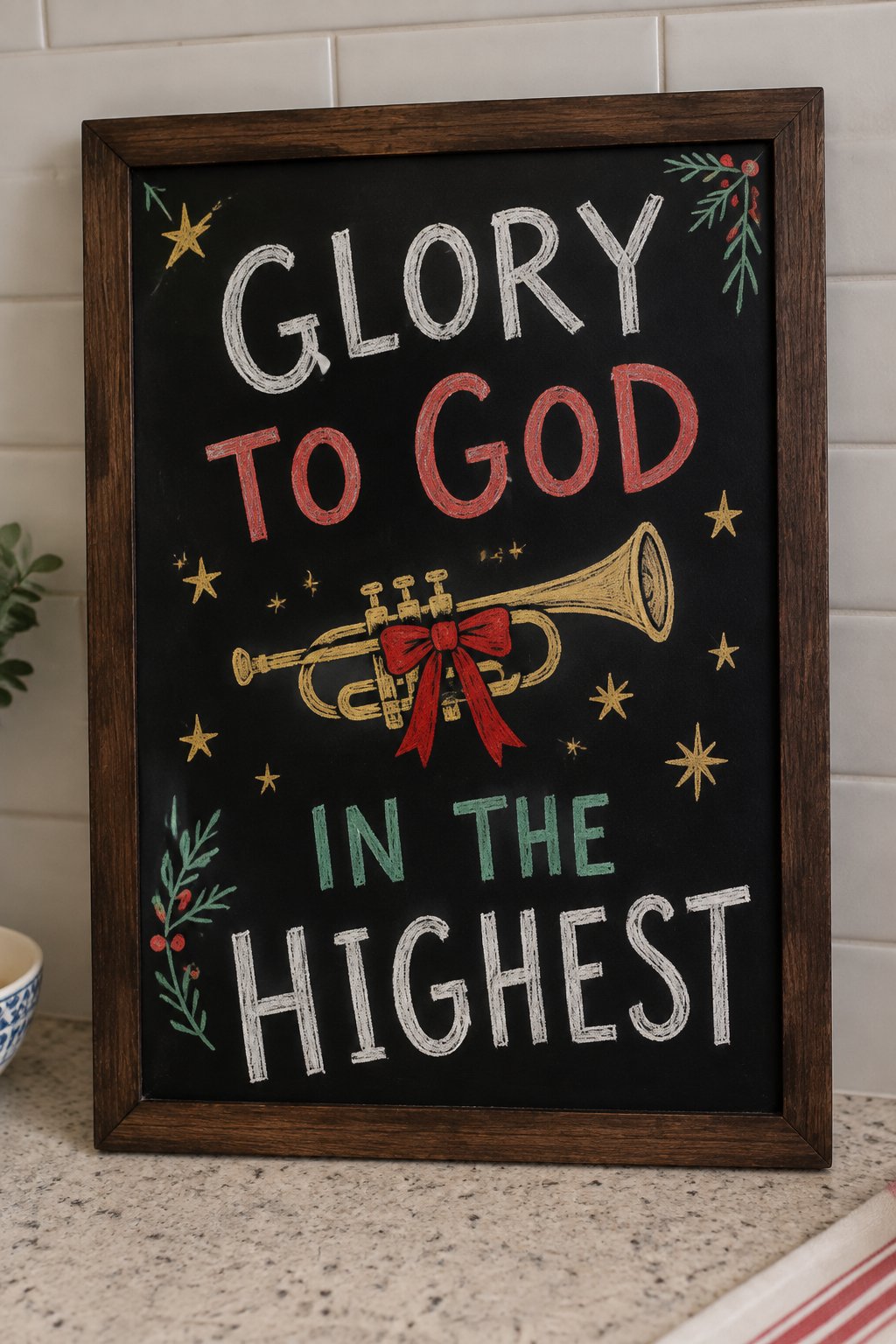 Glory to God: a hand-drawn christmas chalkboard sign reading "GLORY TO GOD IN THE HIGHEST".