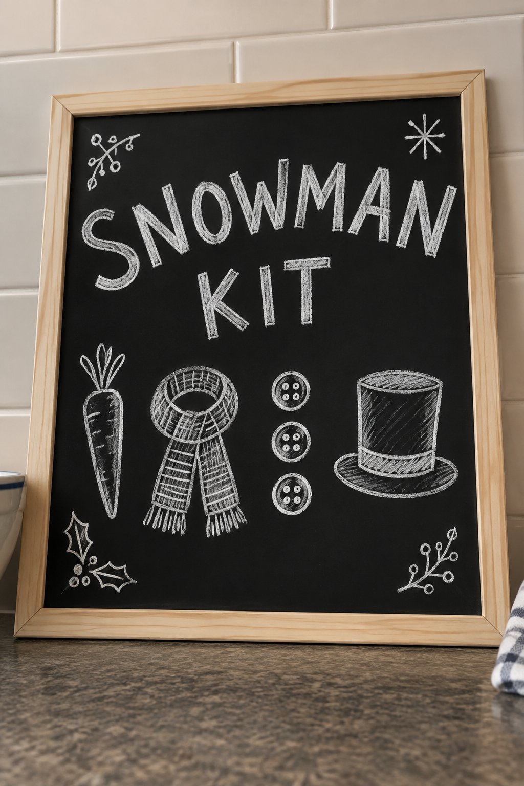 Snowman Kit: a hand-drawn winter chalkboard sign reading "SNOWMAN KIT".