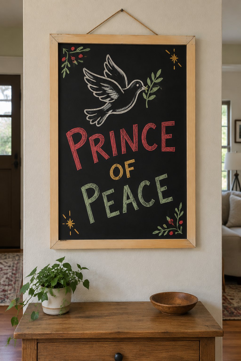 Prince of Peace: a hand-drawn christmas chalkboard sign reading "PRINCE OF PEACE".