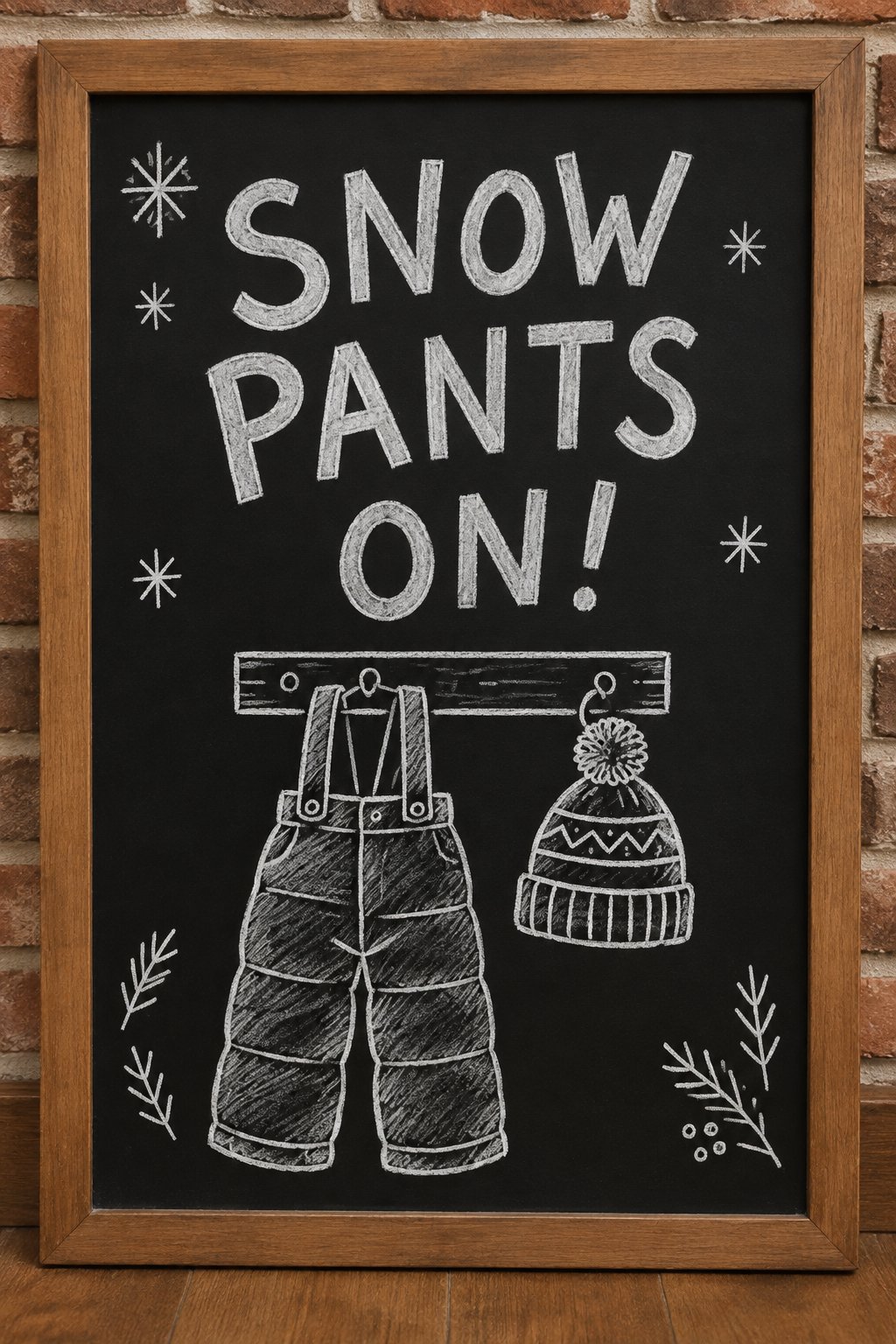 Snow Pants On: a hand-drawn winter chalkboard sign reading "SNOW PANTS ON!".