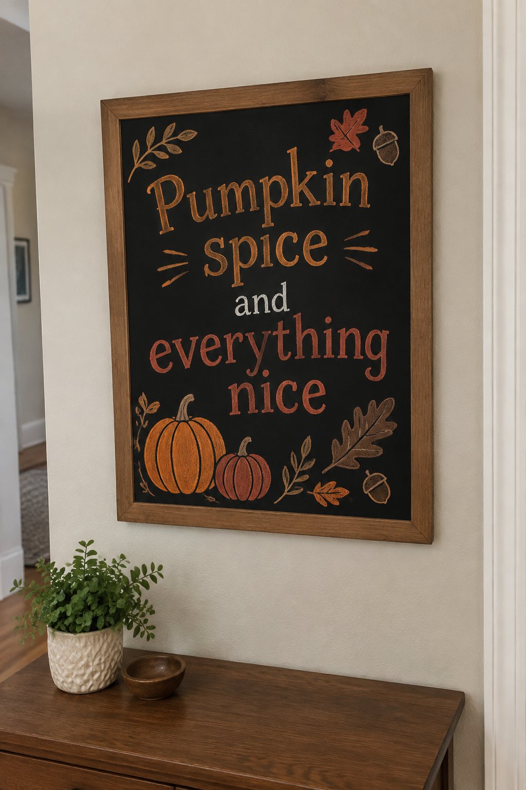 Pumpkin Spice and Everything Nice: You can add charm to your chalkboard by writing “Pumpkin spice and everything nice” in serif lettering with sketches of pumpkins, leaves, and acorns.