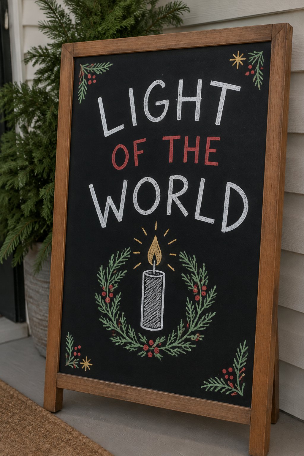 Light of the World: a hand-drawn christmas chalkboard sign reading "LIGHT OF THE WORLD".