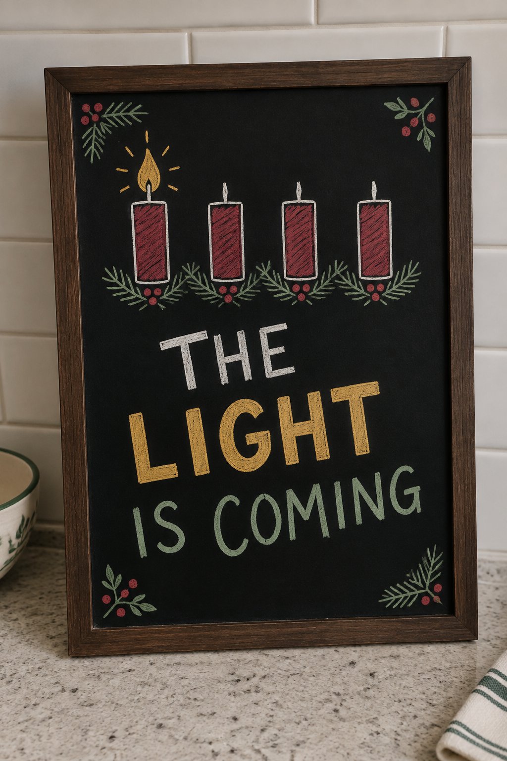 The Light Is Coming: a hand-drawn christmas chalkboard sign reading "THE LIGHT IS COMING".