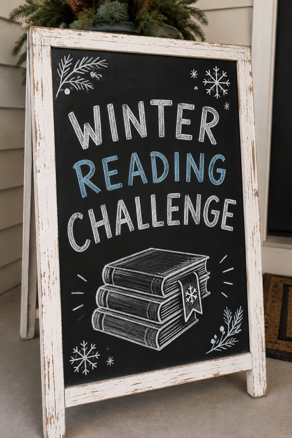 Winter Reading Challenge: a hand-drawn winter chalkboard sign reading "WINTER READING CHALLENGE".