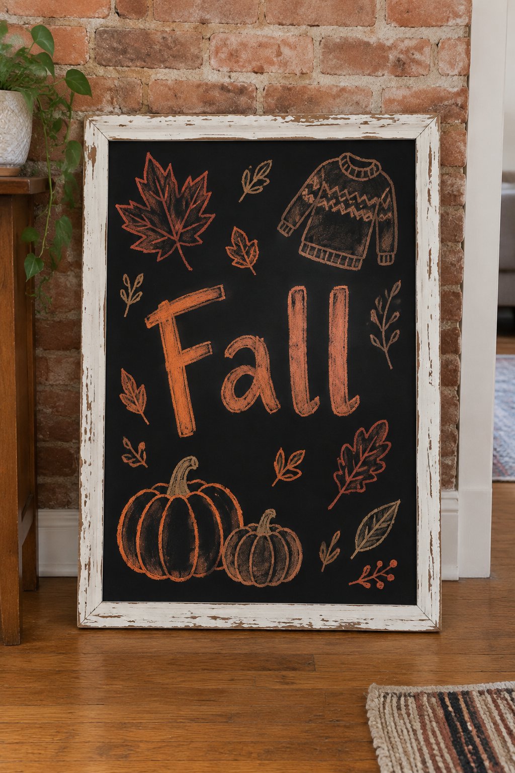 Pumpkin Spice Latte and Cozy Sweaters: This cozy fall chalkboard design spells out “Fall” surrounded by hand-drawn leaves, a knitted sweater, and pumpkins — perfectly capturing autumn vibes.