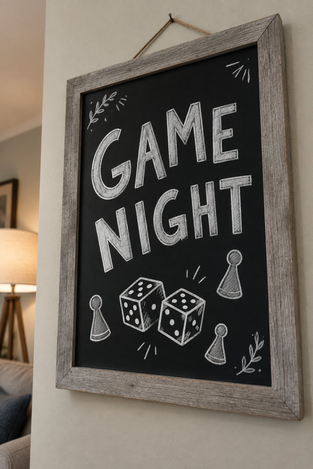 Game Night: a hand-drawn winter chalkboard sign reading "GAME NIGHT".