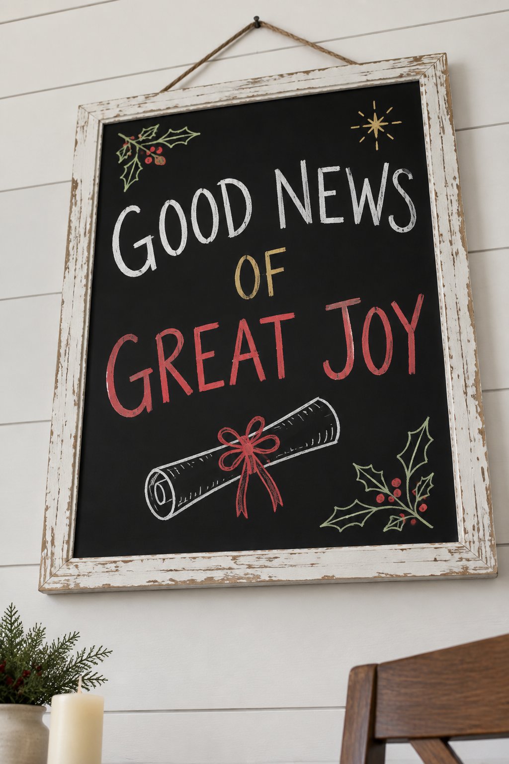 Good News of Great Joy: a hand-drawn christmas chalkboard sign reading "GOOD NEWS OF GREAT JOY".