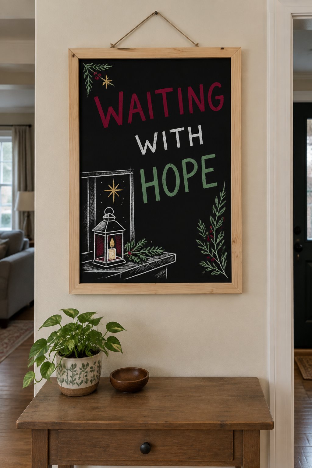 Waiting With Hope: a hand-drawn christmas chalkboard sign reading "WAITING WITH HOPE".