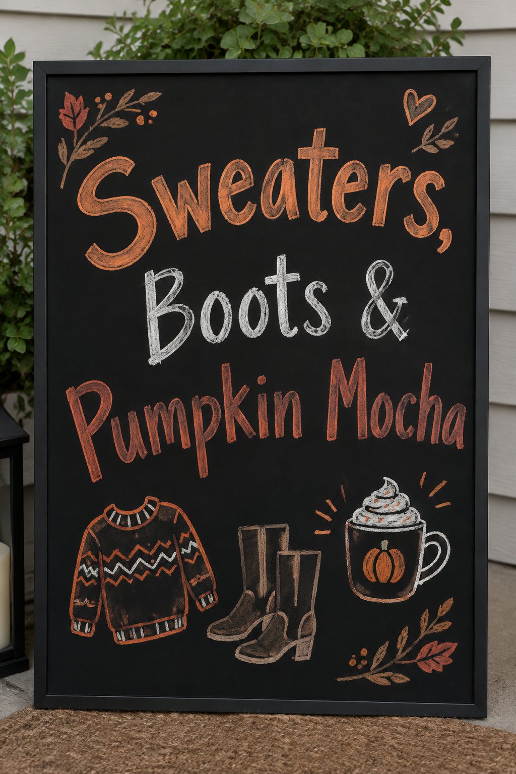 Sweaters, Boots, and Pumpkin Mocha: Celebrate all your autumn faves with this cozy chalkboard design that says it all: “Sweaters, Boots & Pumpkin Mocha”!