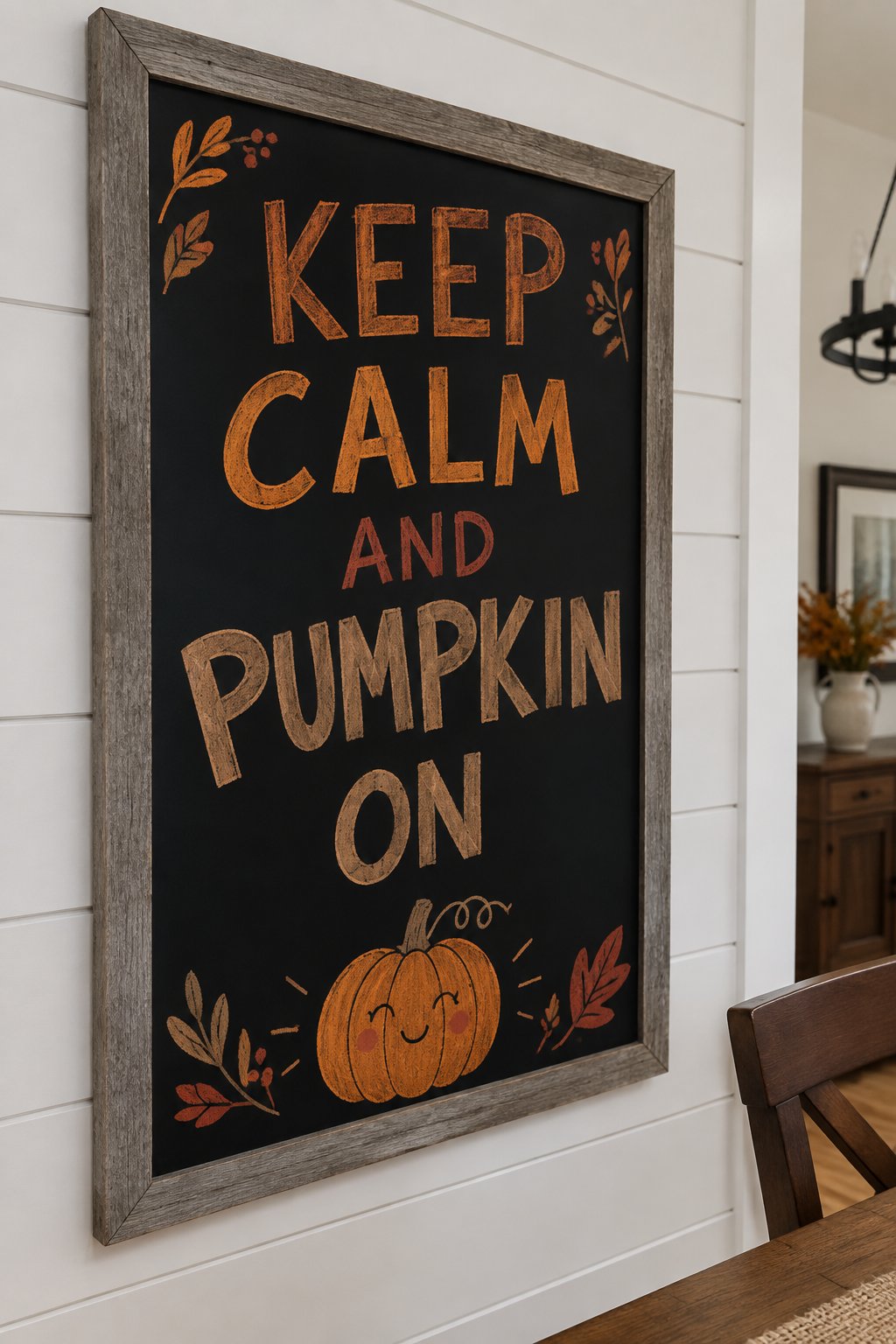 Keep Calm and Pumpkin On: Add a playful touch to your fall décor with this cheeky chalkboard design that reads “KEEP CALM AND PUMPKIN ON.” The cute pumpkin illustration at the bottom ties it all together with festive flair!