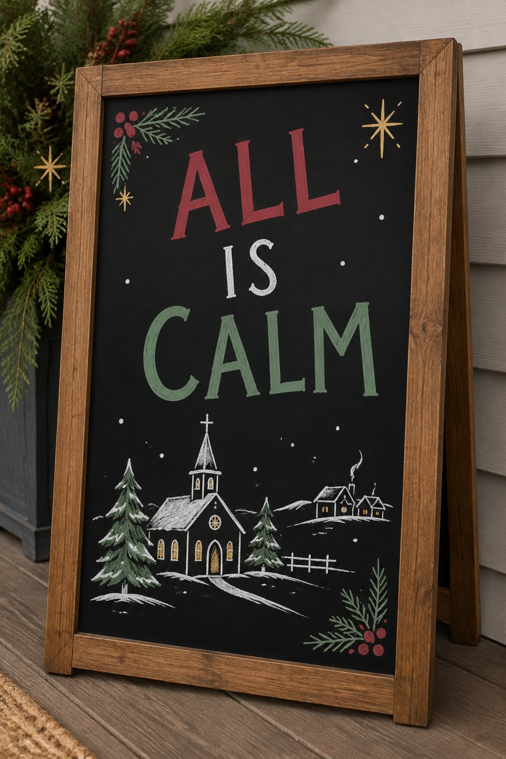 All Is Calm: a hand-drawn christmas chalkboard sign reading "ALL IS CALM".