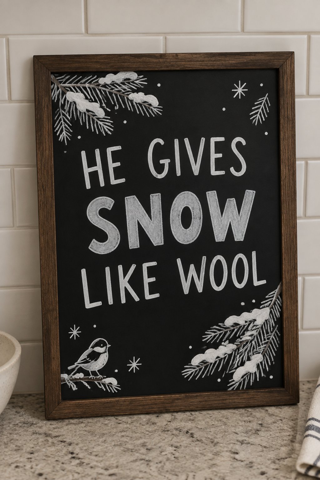 He Gives Snow Like Wool: a hand-drawn winter chalkboard sign reading "HE GIVES SNOW LIKE WOOL".
