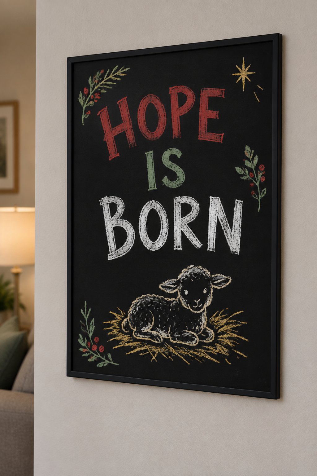 Hope Is Born: a hand-drawn christmas chalkboard sign reading "HOPE IS BORN".
