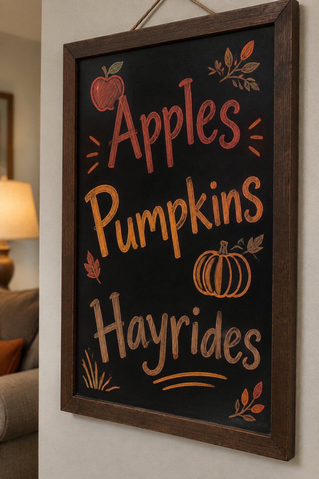 Apples, Pumpkins, Hayrides in Lettering: Give your chalkboard a fresh and playful fall look by writing “Apples,” “Pumpkins” and “Hayrides” in bold, curving fonts.