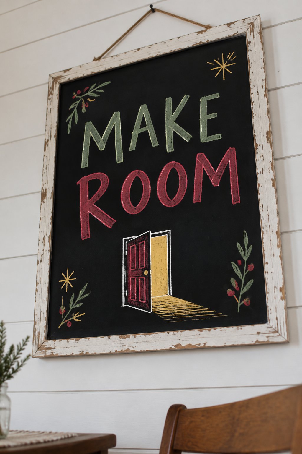 Make Room: a hand-drawn christmas chalkboard sign reading "MAKE ROOM".