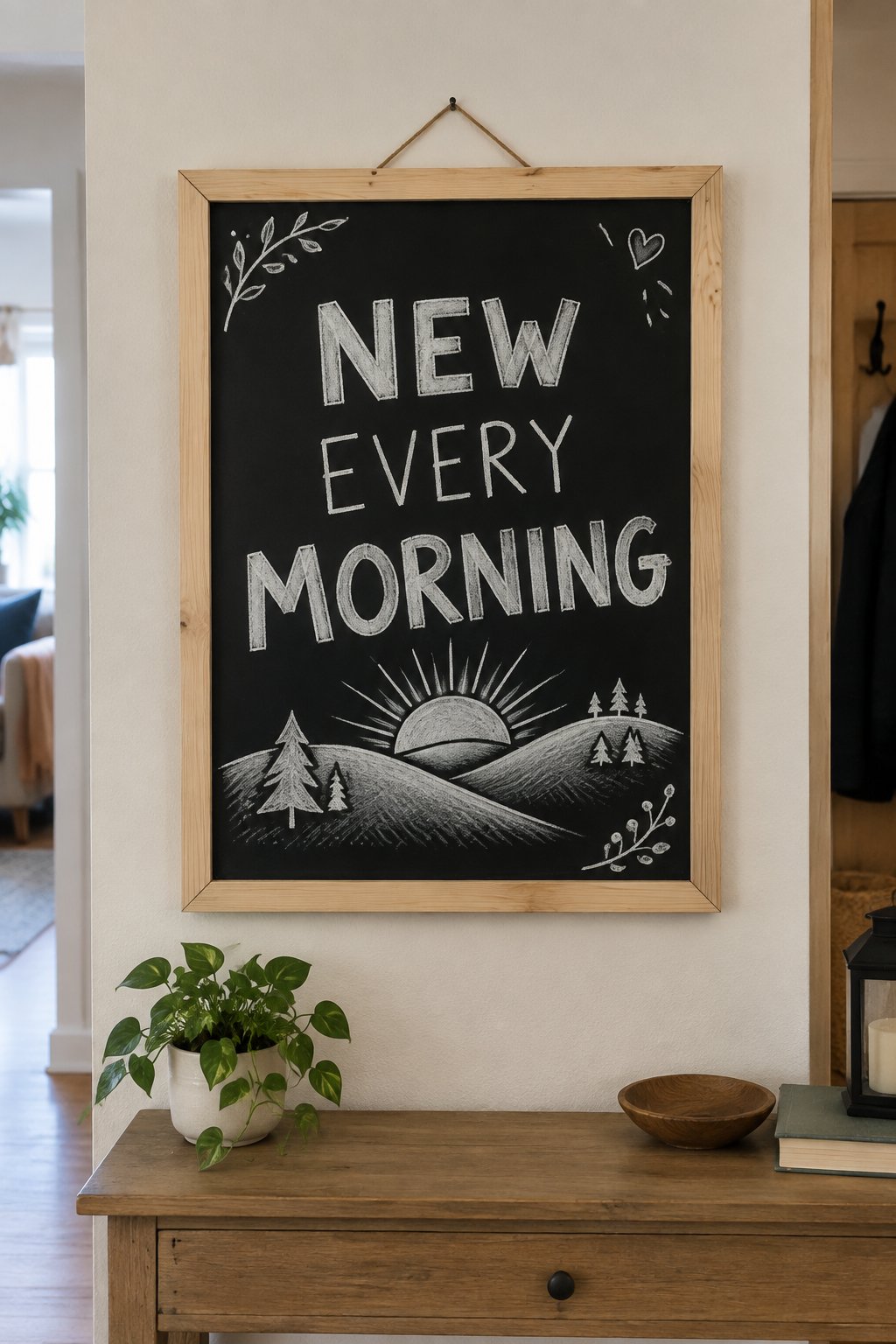 New Every Morning: a hand-drawn winter chalkboard sign reading "NEW EVERY MORNING".