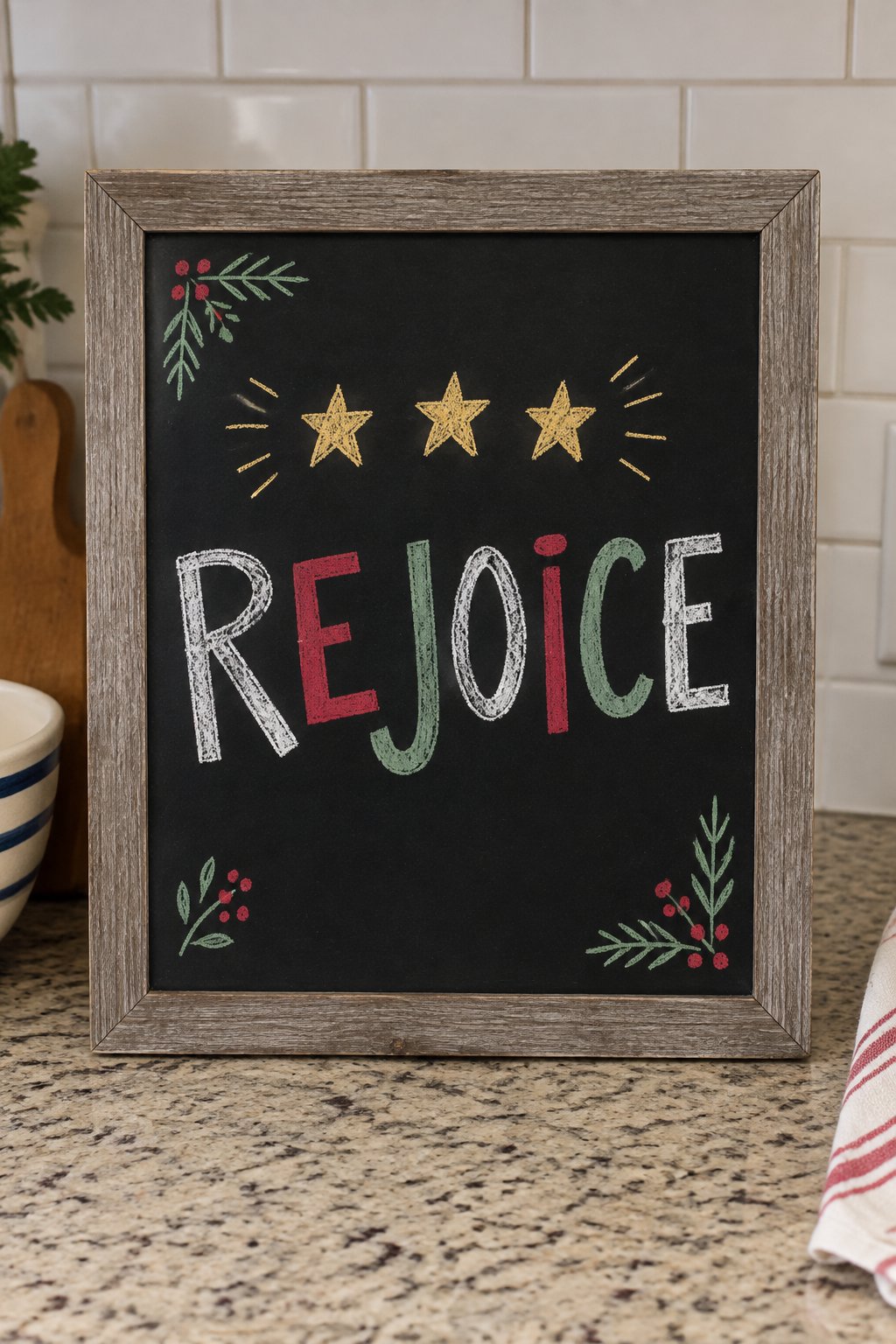 Rejoice Stars: a hand-drawn christmas chalkboard sign reading "REJOICE".