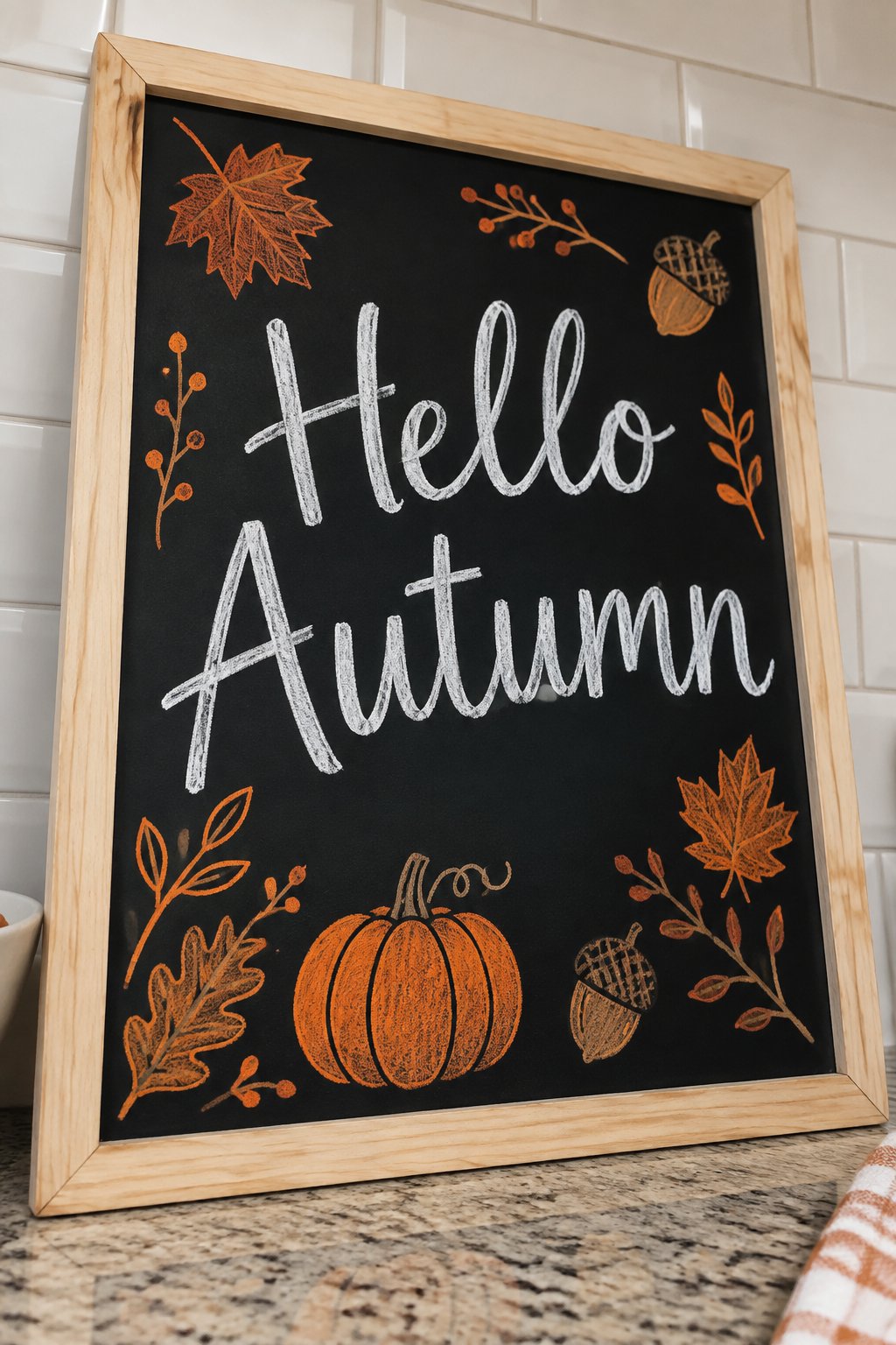 Autumn Leaves and Pumpkin Please: Say “Hello Autumn” in style with this charming chalkboard design! The white script lettering pops against the background, while orange chalk leaves, acorns, branches, and a cute pumpkin add the perfect seasonal flair