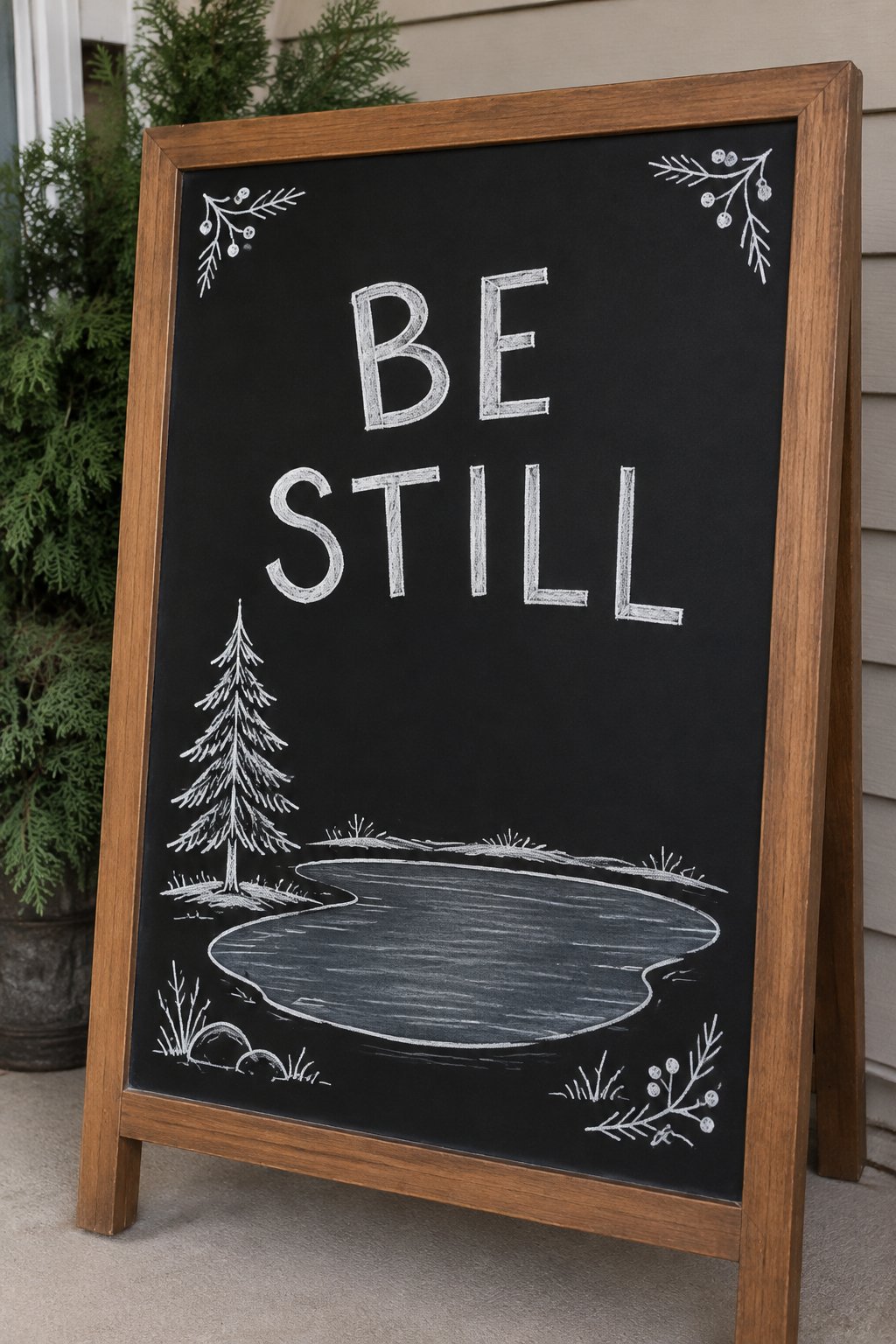 Be Still: a hand-drawn winter chalkboard sign reading "BE STILL".