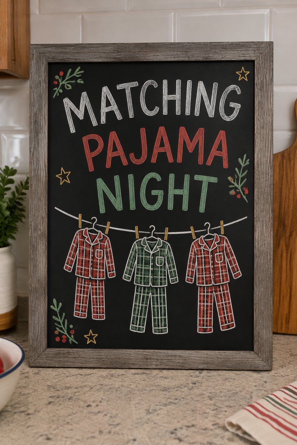 Matching Pajama Night: a hand-drawn christmas chalkboard sign reading "MATCHING PAJAMA NIGHT".