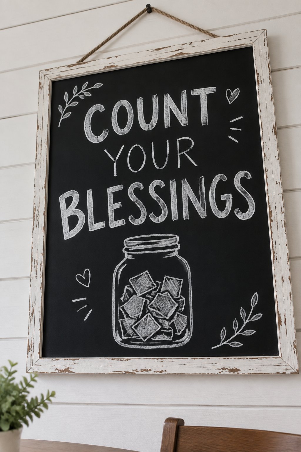Count Your Blessings Jar: a hand-drawn winter chalkboard sign reading "COUNT YOUR BLESSINGS".