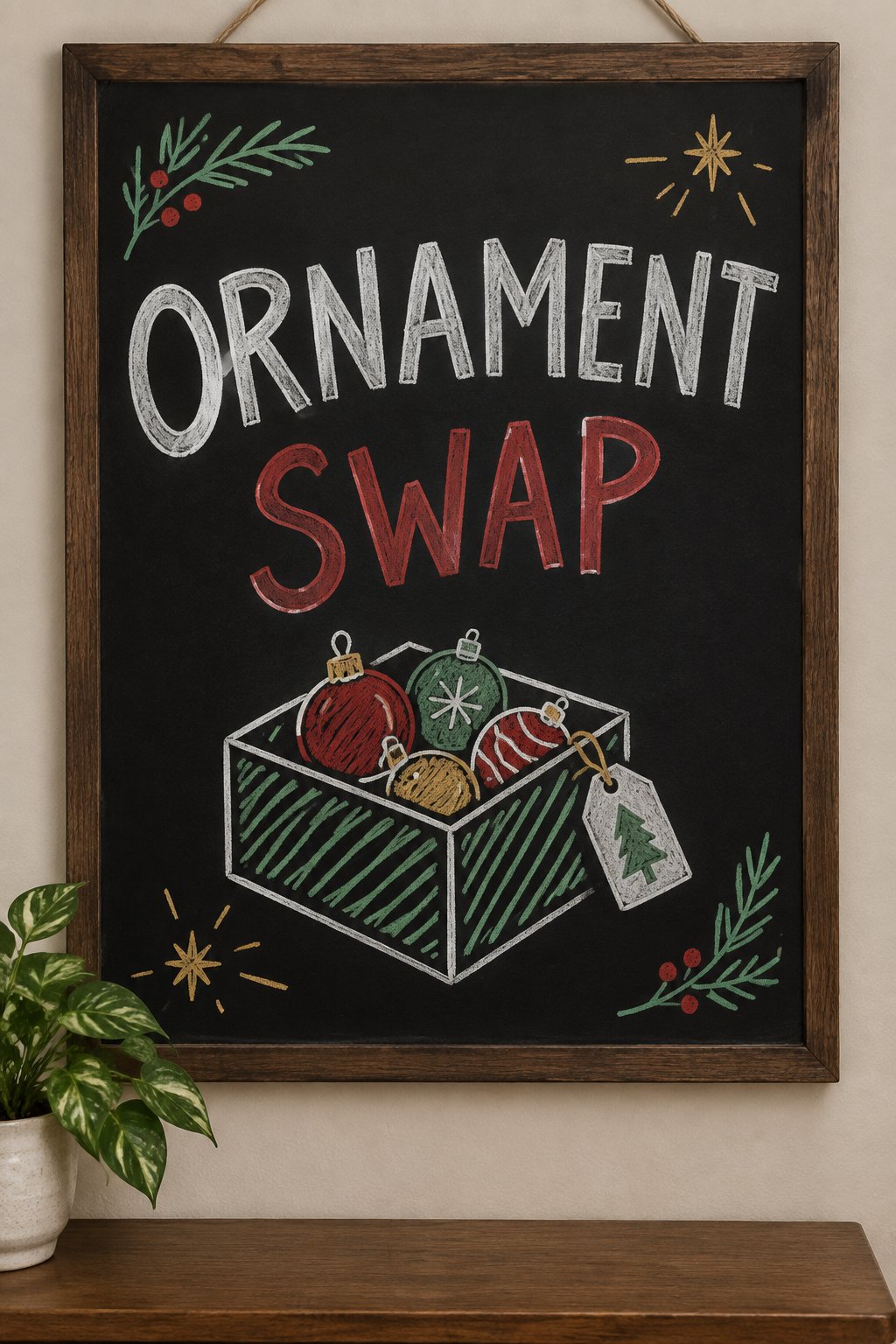Ornament Swap: a hand-drawn christmas chalkboard sign reading "ORNAMENT SWAP".