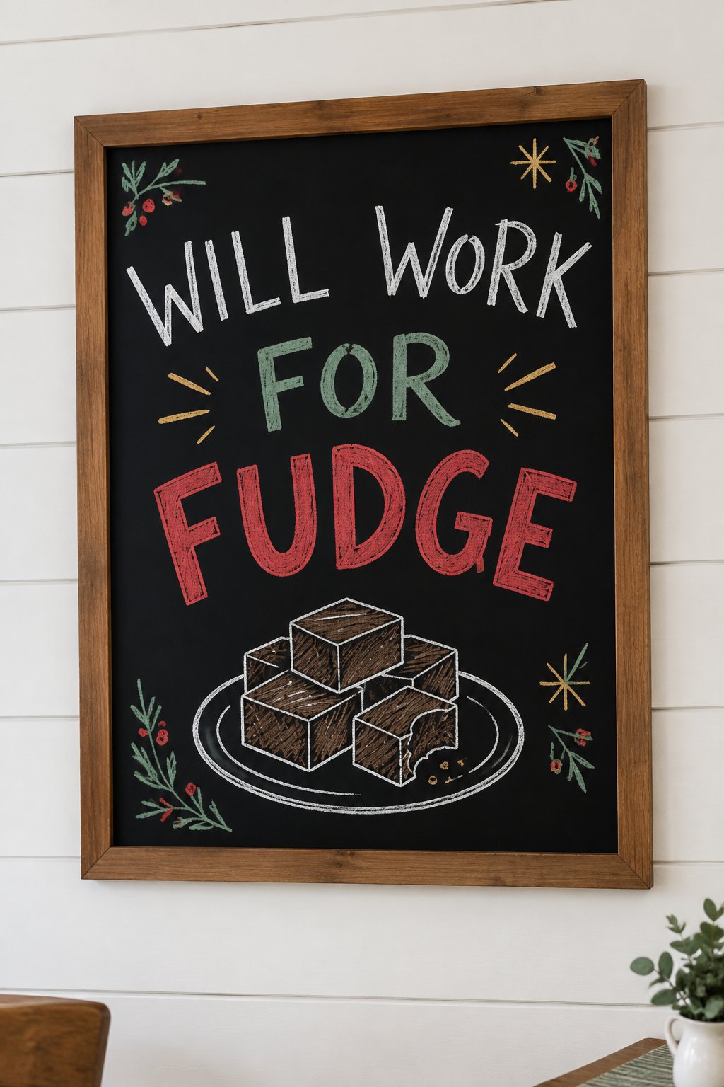 Will Work for Fudge: a hand-drawn christmas chalkboard sign reading "WILL WORK FOR FUDGE".