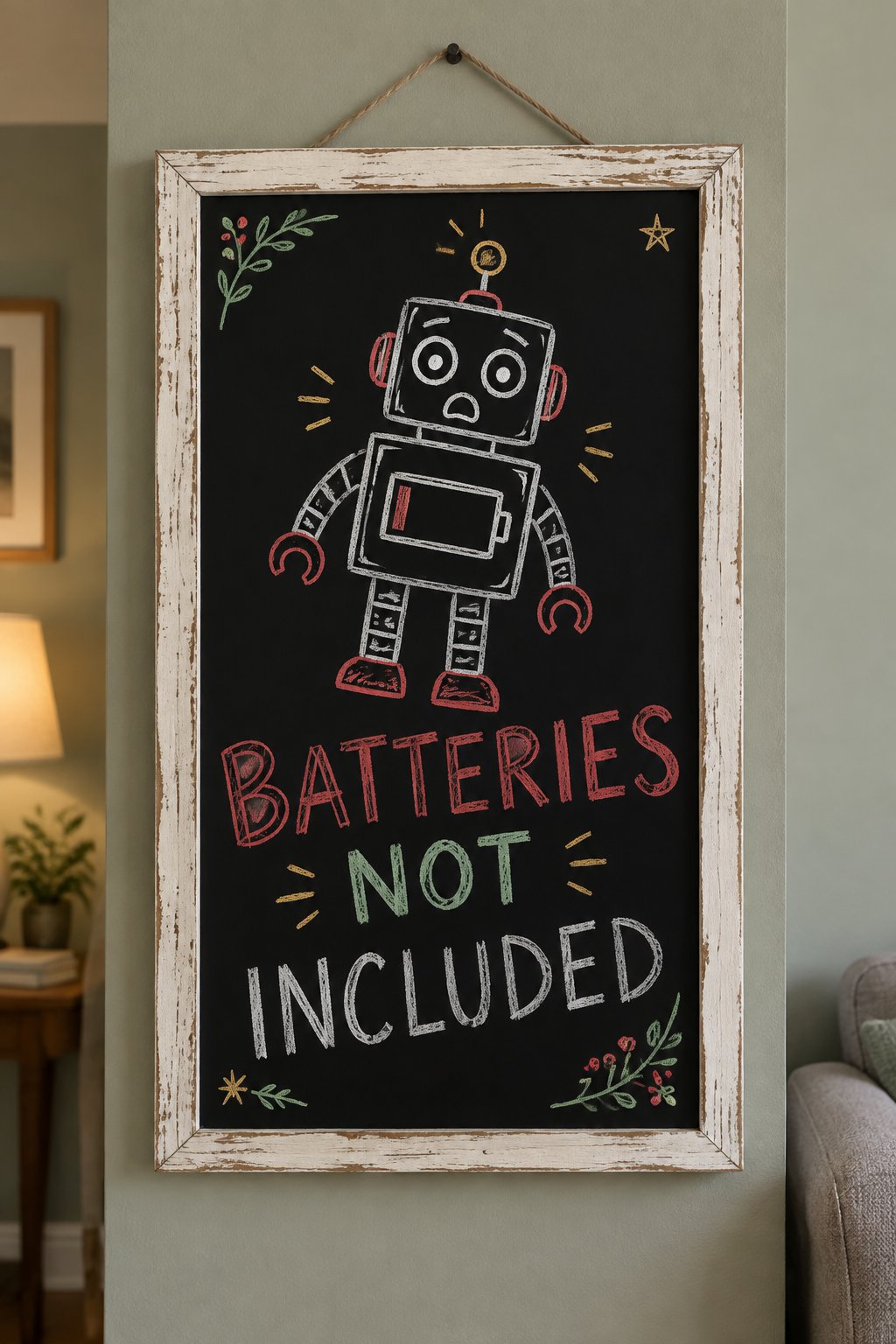 Batteries Not Included: a hand-drawn christmas chalkboard sign reading "BATTERIES NOT INCLUDED".