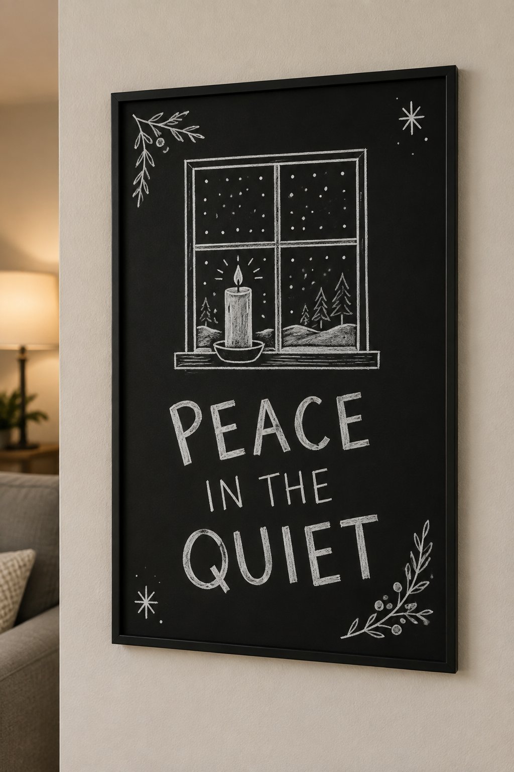 Peace in the Quiet: a hand-drawn winter chalkboard sign reading "PEACE IN THE QUIET".
