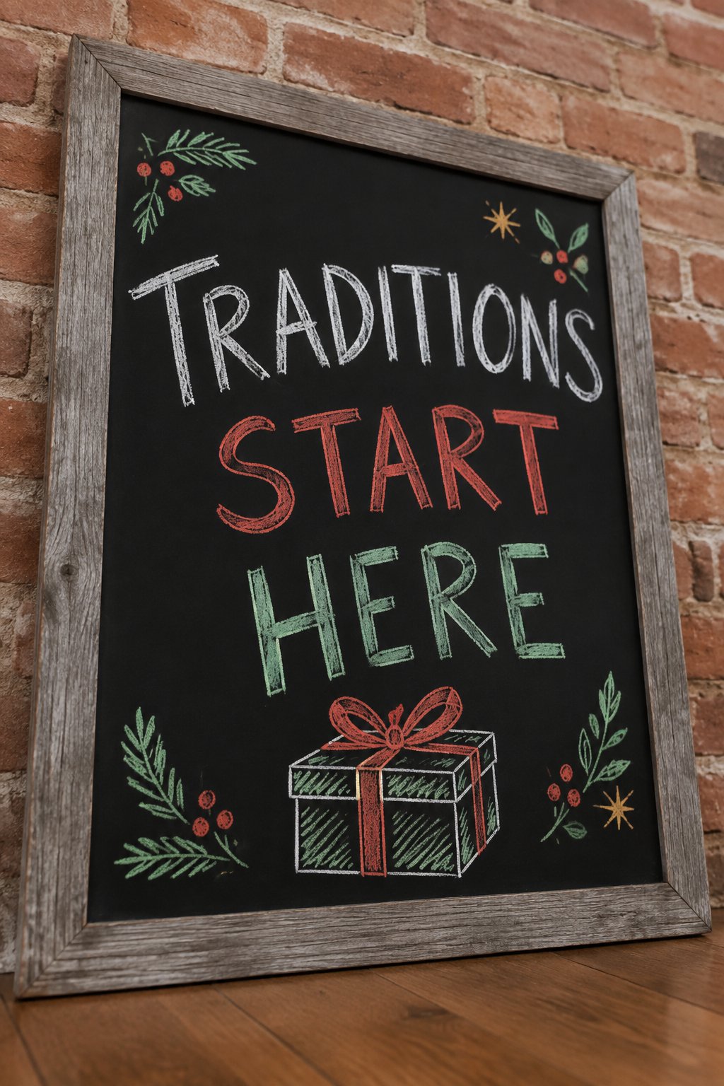 Traditions Start Here: a hand-drawn christmas chalkboard sign reading "TRADITIONS START HERE".