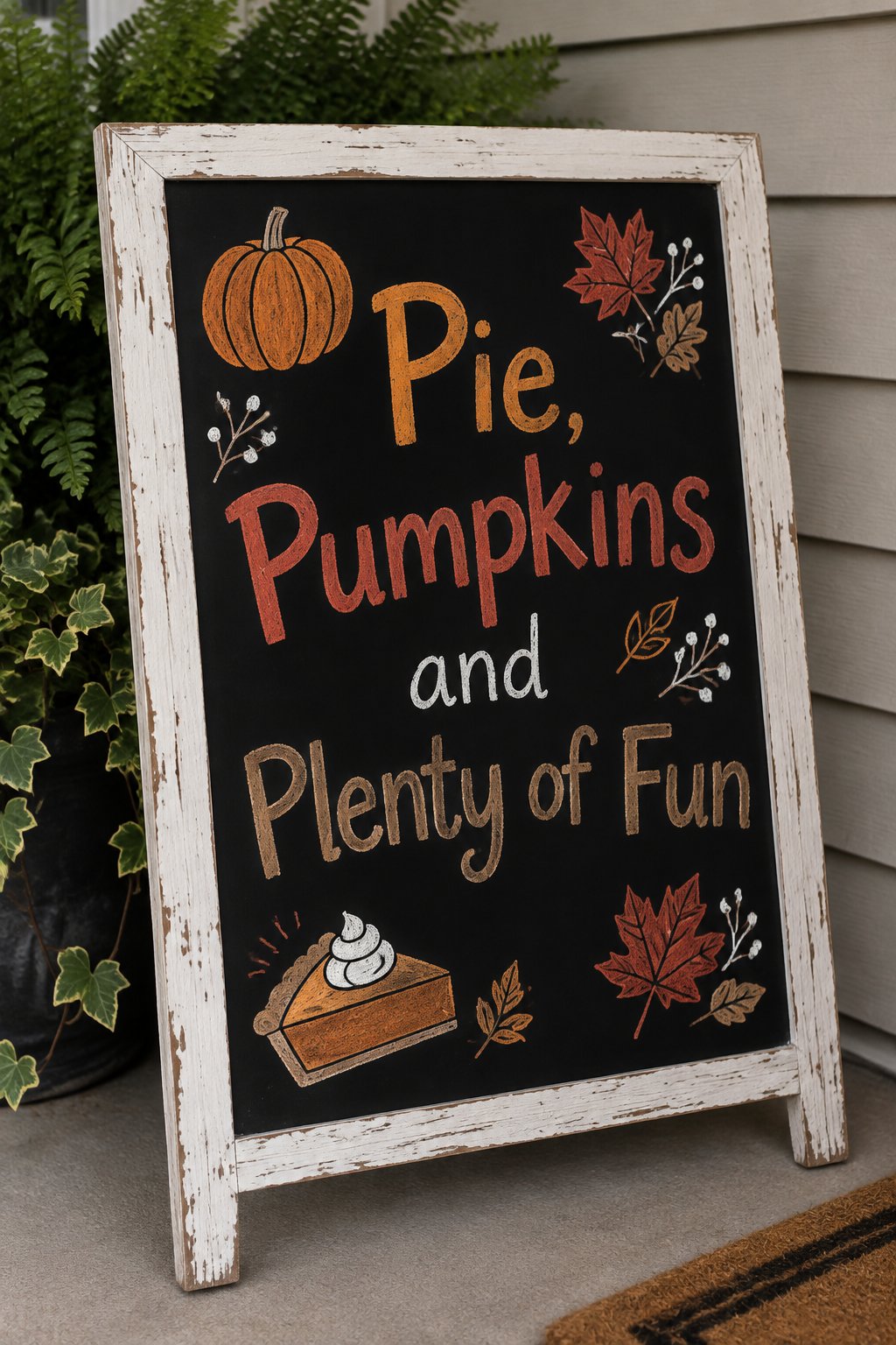 Pie, Pumpkins, and Plenty of Fun: This festive chalkboard design reads "Pie, Pumpkins and Plenty of Fun" and is surrounded by charming drawings of a pumpkin, pie slice with whipped cream, autumn leaves, and sprigs.