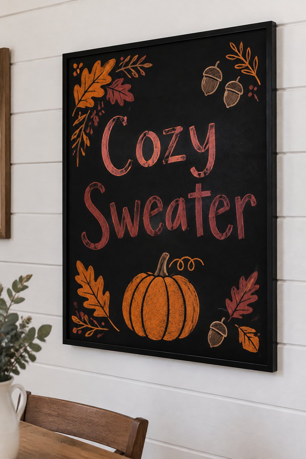 Cozy Sweater Lettering: Celebrate the snug vibes of the season with this charming "Cozy Sweater" chalkboard art, framed by warm orange leaves, acorns, and a festive pumpkin. It’s the perfect design to bring that crisp, comfy fall feeling into any spa