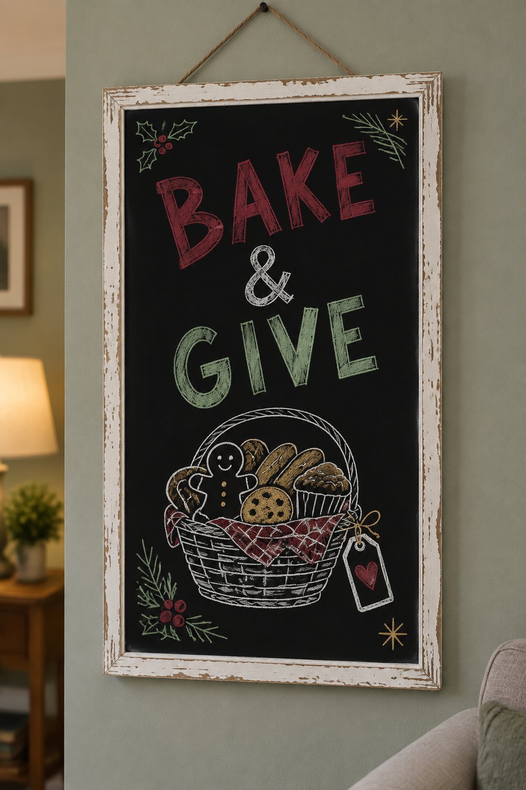 Bake and Give: a hand-drawn christmas chalkboard sign reading "BAKE & GIVE".