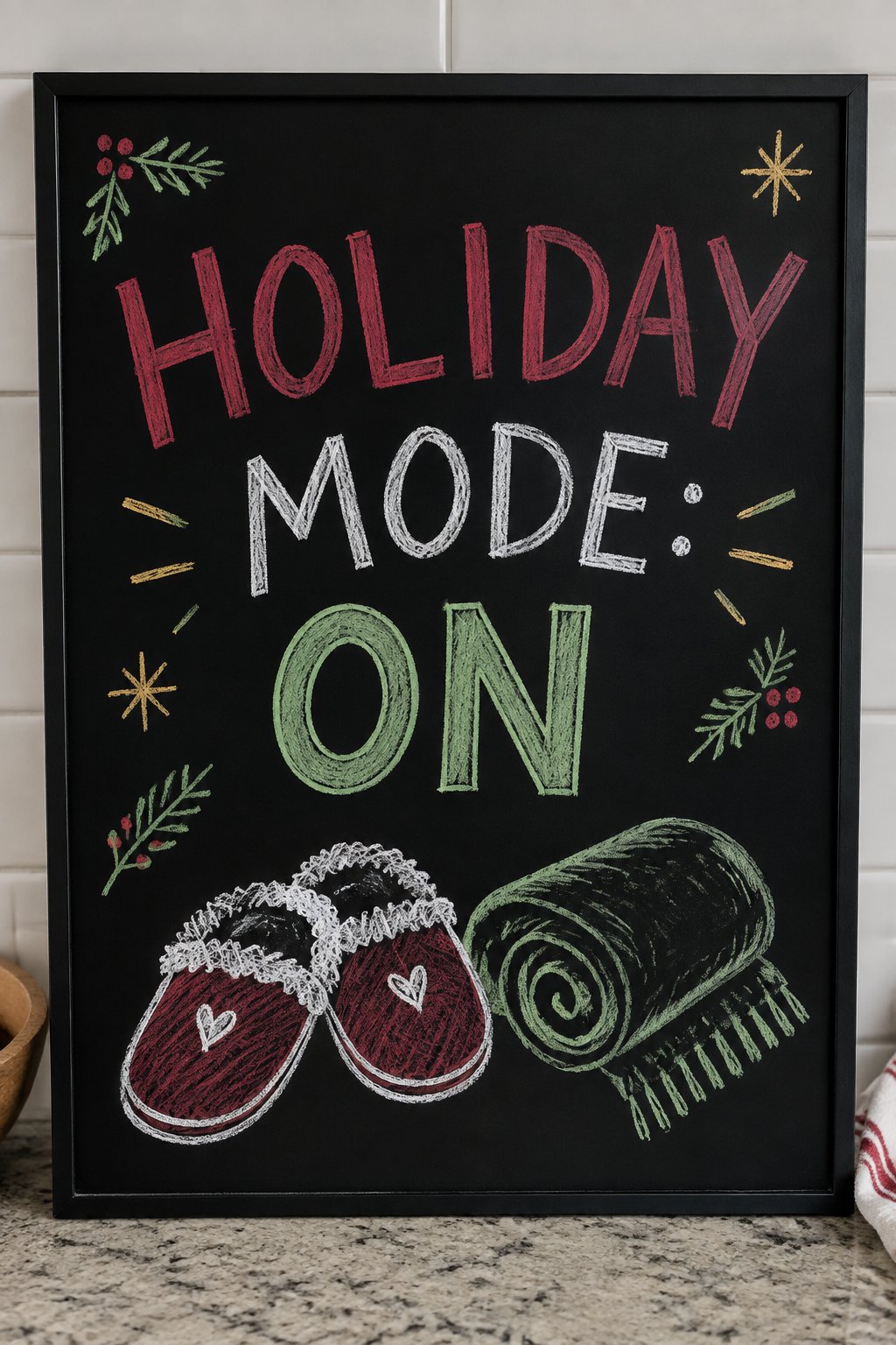 Holiday Mode On: a hand-drawn christmas chalkboard sign reading "HOLIDAY MODE: ON".
