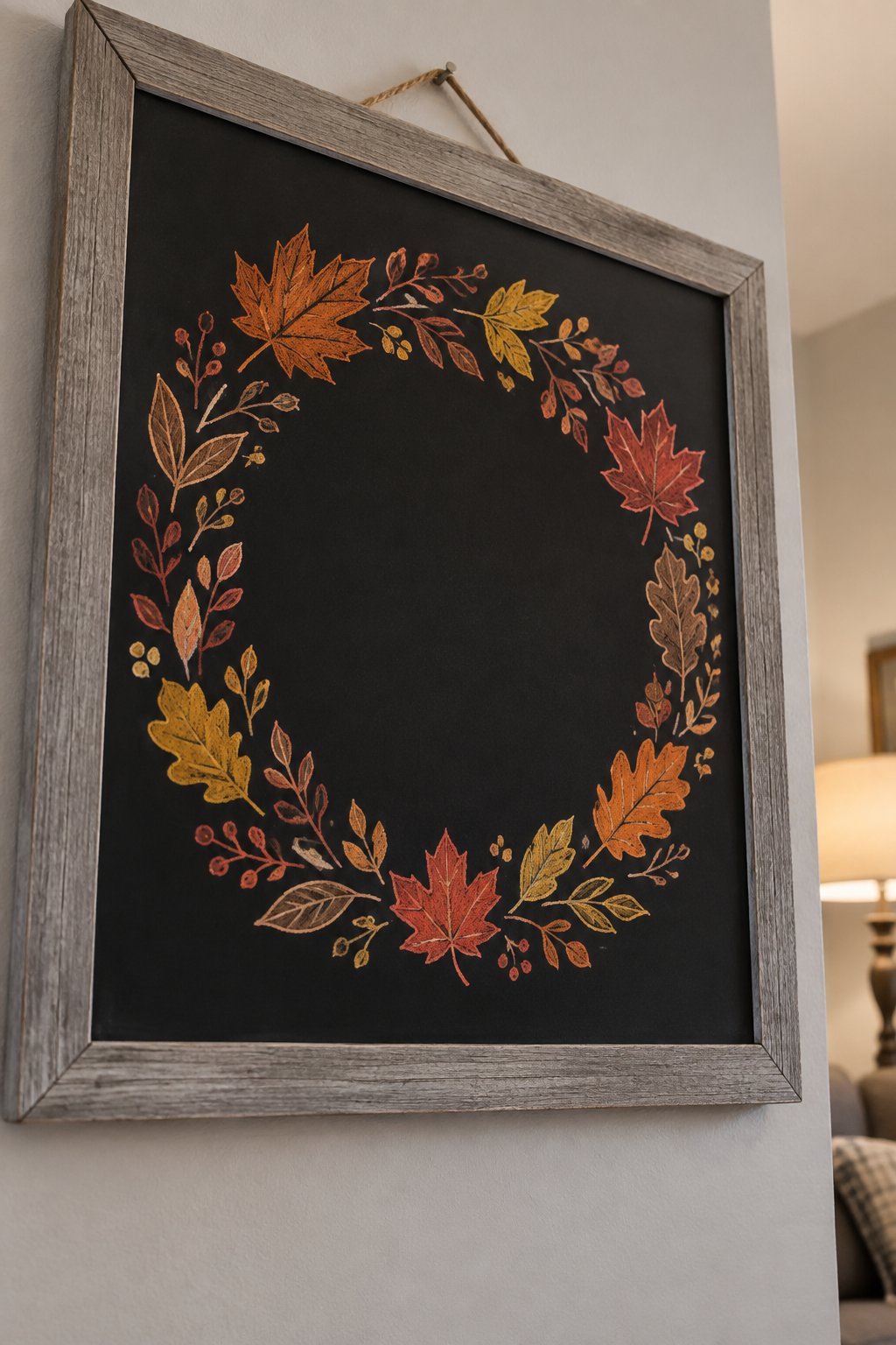 Autumn Wreath Art: Bring a burst of autumn to your chalkboard by drawing a big wreath with autumn leaves in red, orange, and gold chalk.