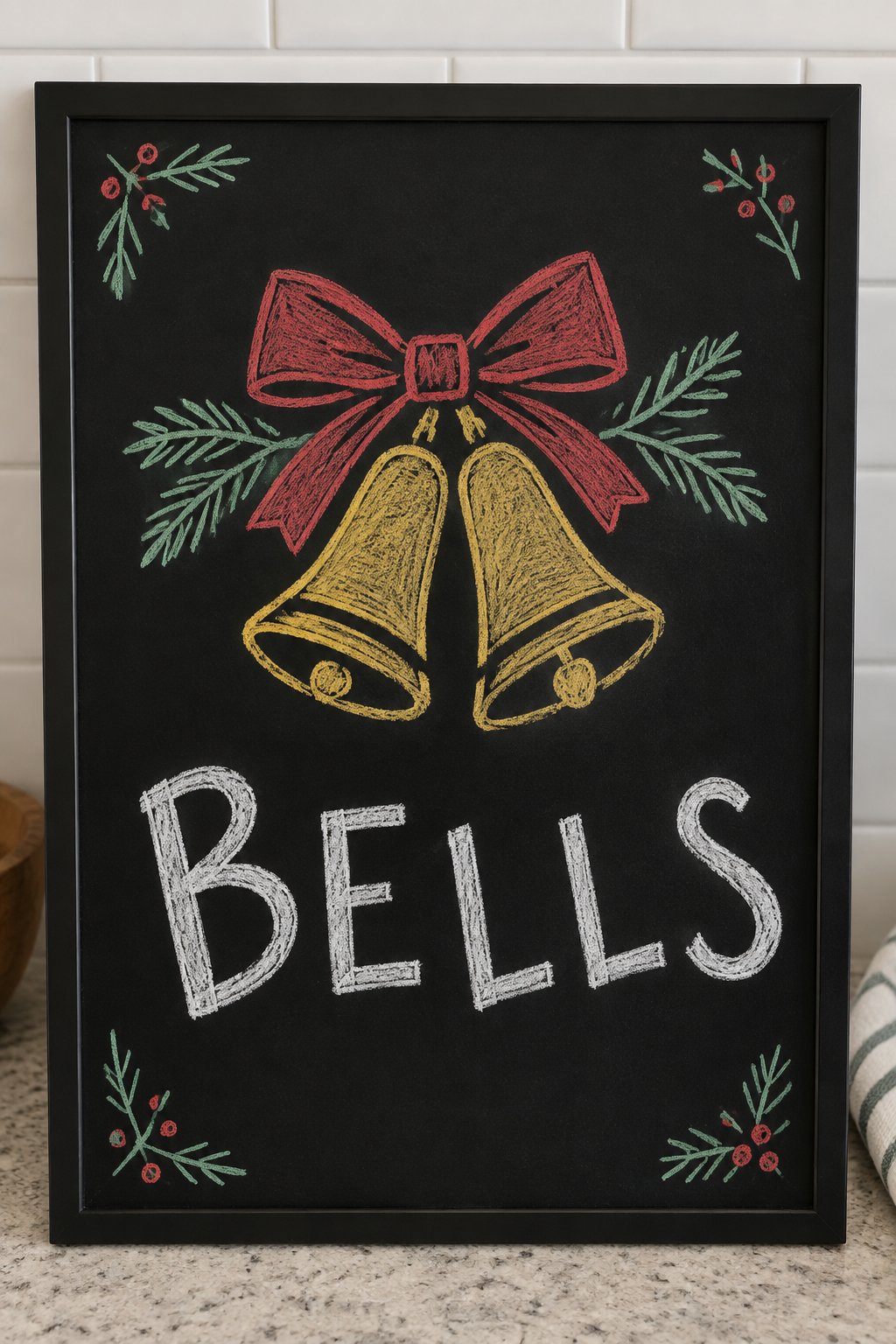 Golden Bells: a hand-drawn christmas chalkboard sign reading "BELLS".