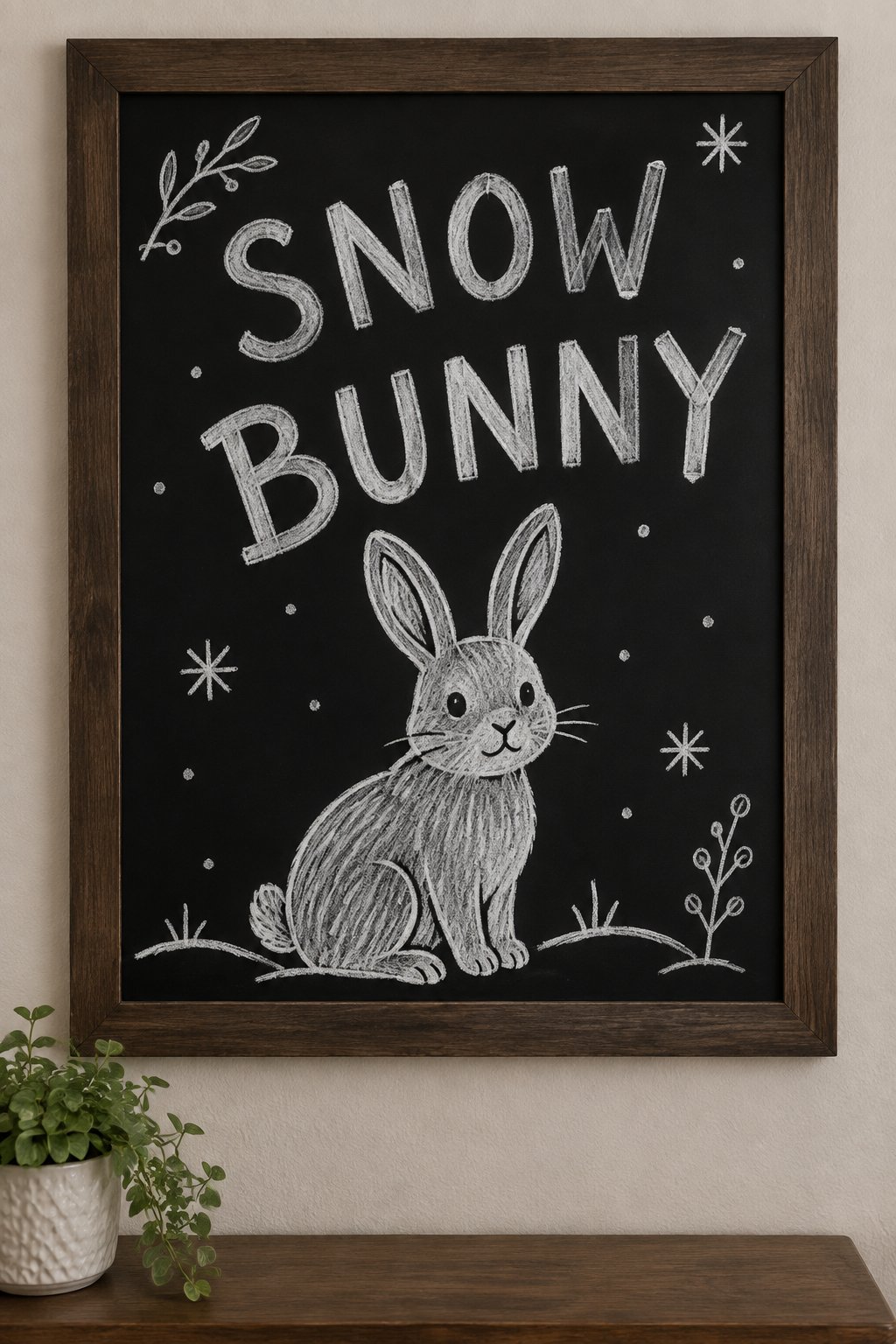 Snow Bunny: a hand-drawn winter chalkboard sign reading "SNOW BUNNY".