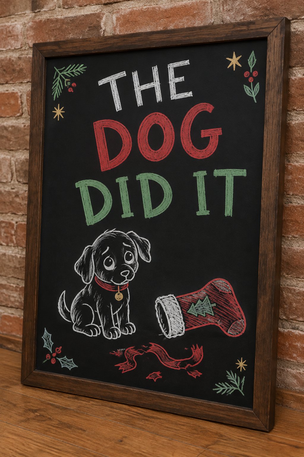 The Dog Did It: a hand-drawn christmas chalkboard sign reading "THE DOG DID IT".
