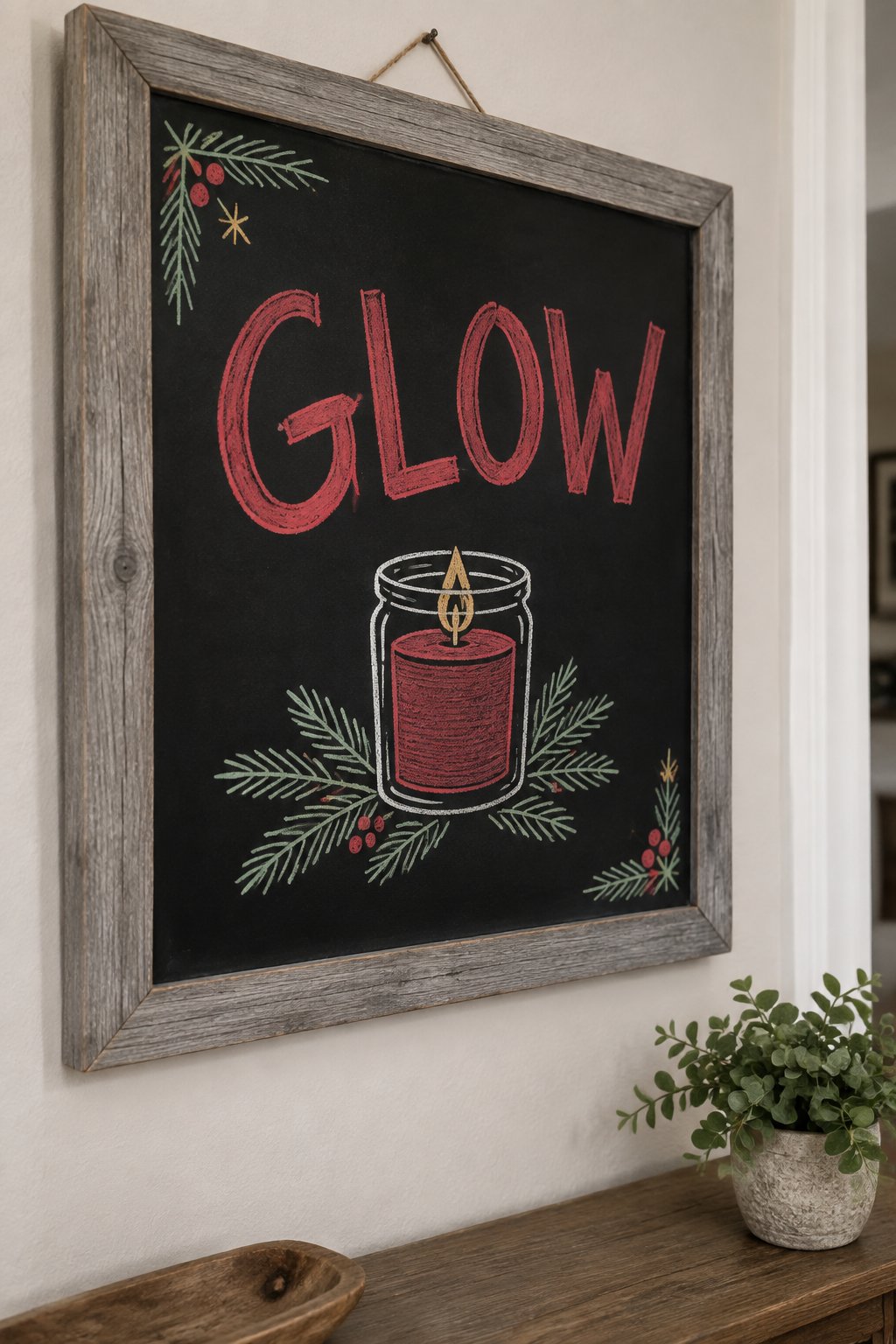 Candle Glow: a hand-drawn christmas chalkboard sign reading "GLOW".
