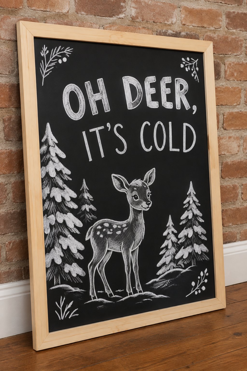 Oh Deer, It's Cold: a hand-drawn winter chalkboard sign reading "OH DEER, IT'S COLD".