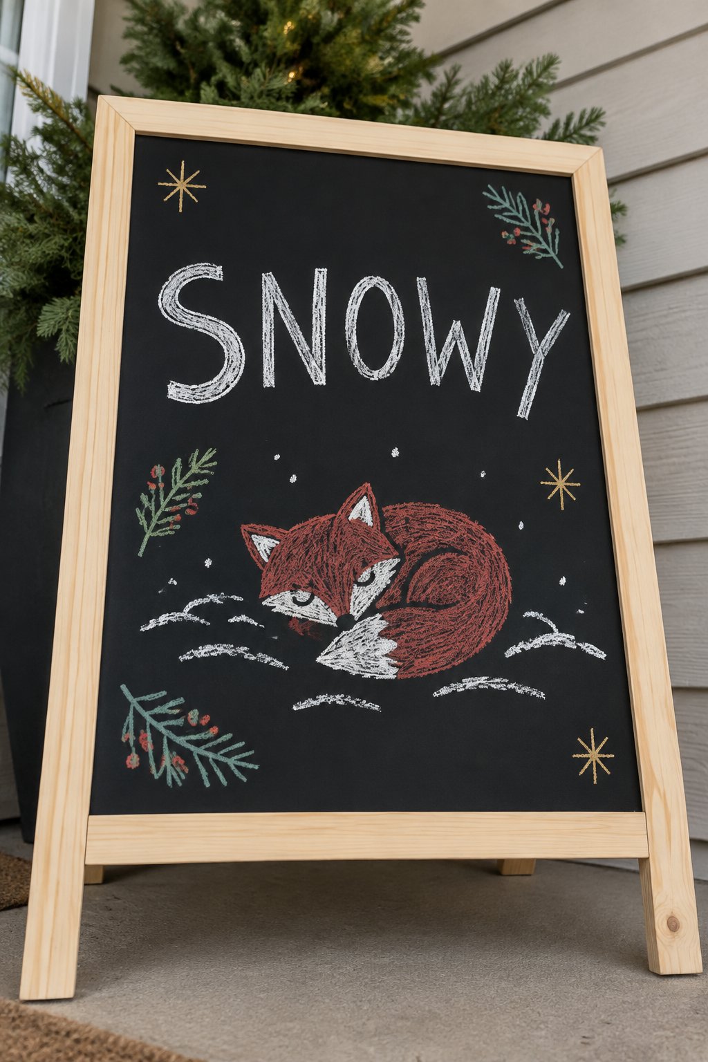 Sleepy Snow Fox: a hand-drawn christmas chalkboard sign reading "SNOWY".