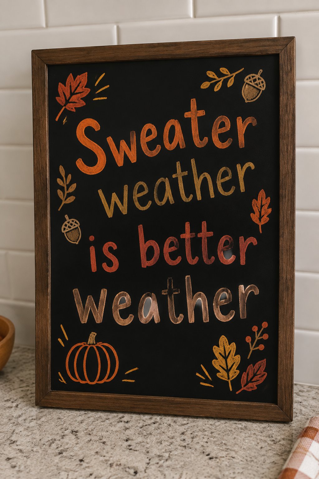 Sweater Weather Is Better Weather: This fun chalkboard design says it all — “Sweater weather is better weather” — surrounded by charming hand-drawn autumn leaves, acorns, and a pumpkin.