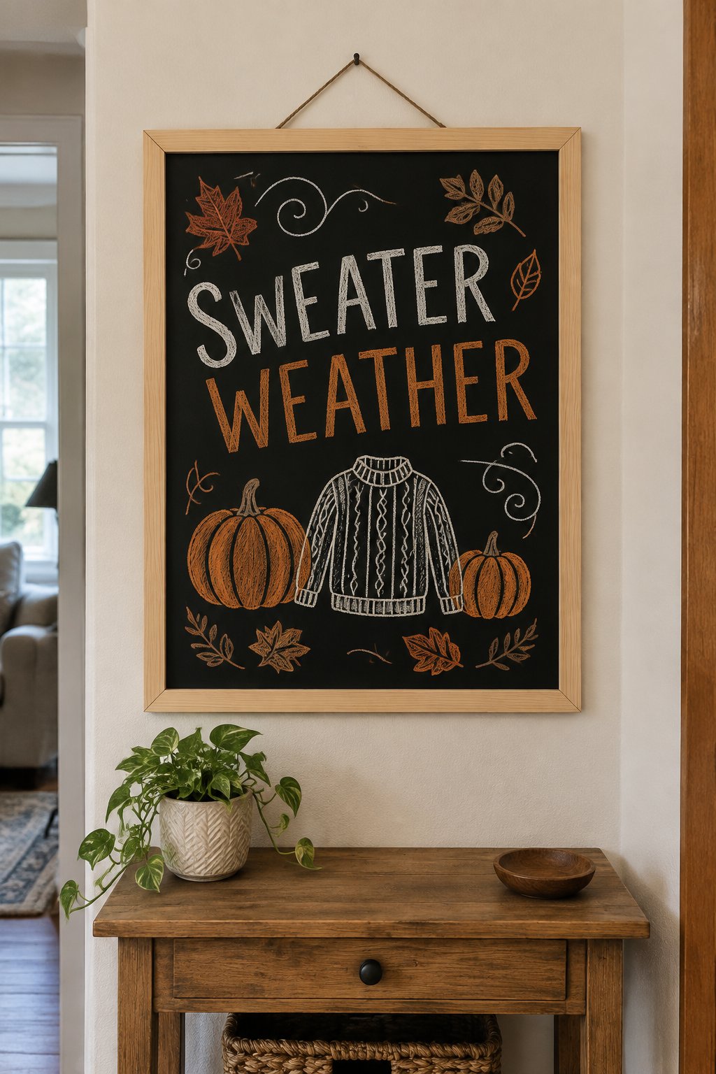 Leaves, Pumpkins, Sweater Weather: Let your chalkboard glow with swirls, fallen leaves, chunky pumpkins, and a cozy sweater to wrap your space in autumn style.