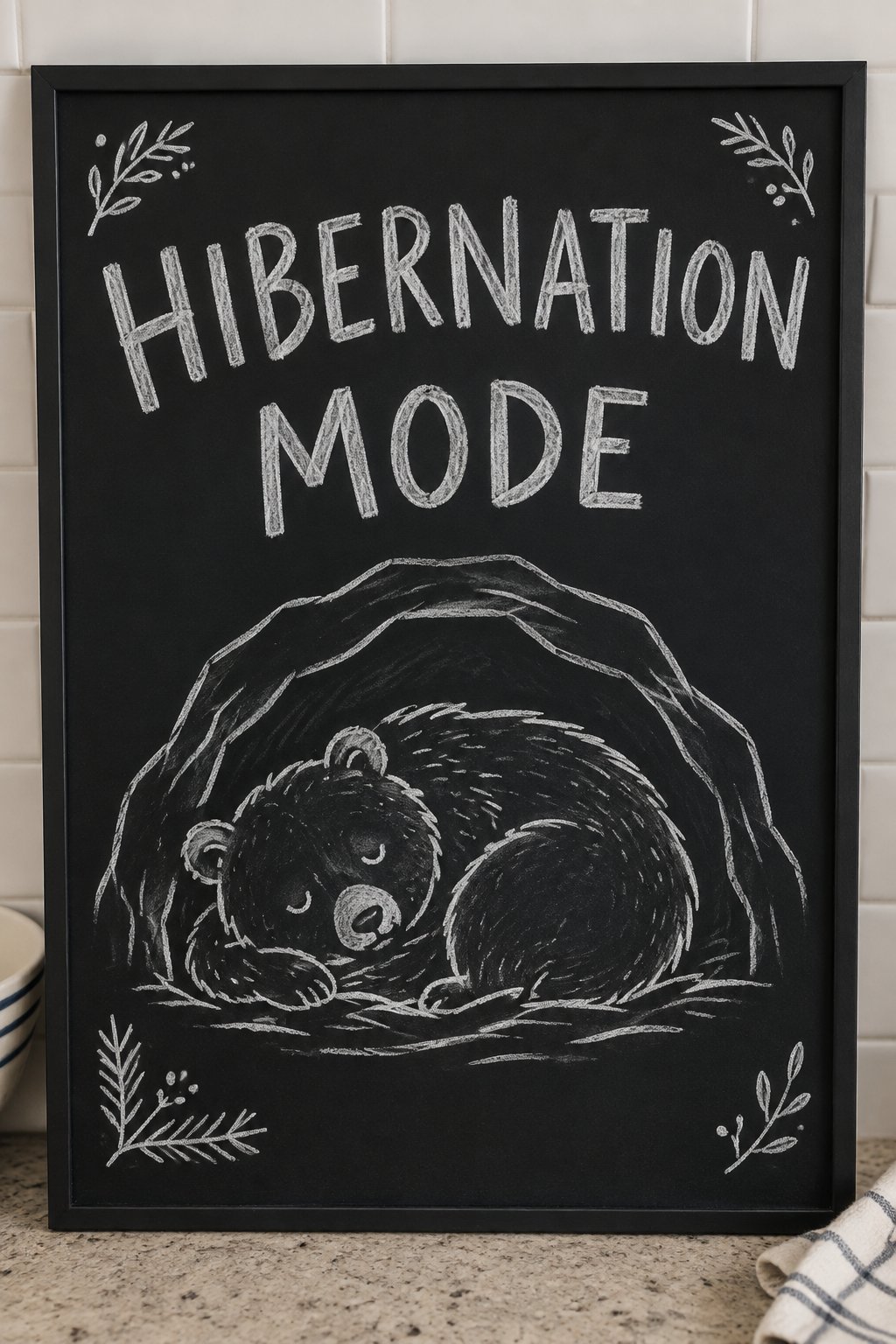 Hibernation Mode: a hand-drawn winter chalkboard sign reading "HIBERNATION MODE".