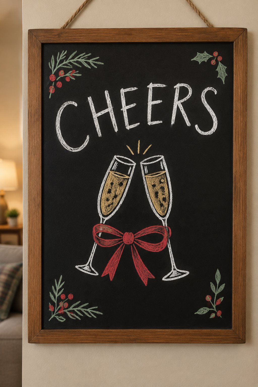 Sparkling Cider Cheers: a hand-drawn christmas chalkboard sign reading "CHEERS".