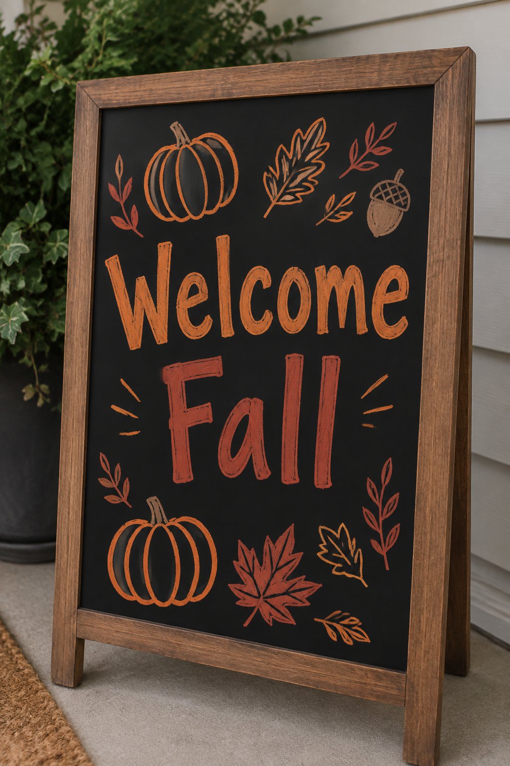 Happy Fall Y’all in rustic script: Say hello to the coziest season with this charming “Welcome Fall” chalkboard sign! Framed and filled with hand-drawn pumpkins, leaves, and a cute little acorn, it’s the perfect way to greet autumn with style.